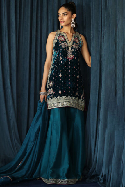Velvet Teal Blue Resham Embroidered Straight Cut Sharara Suit